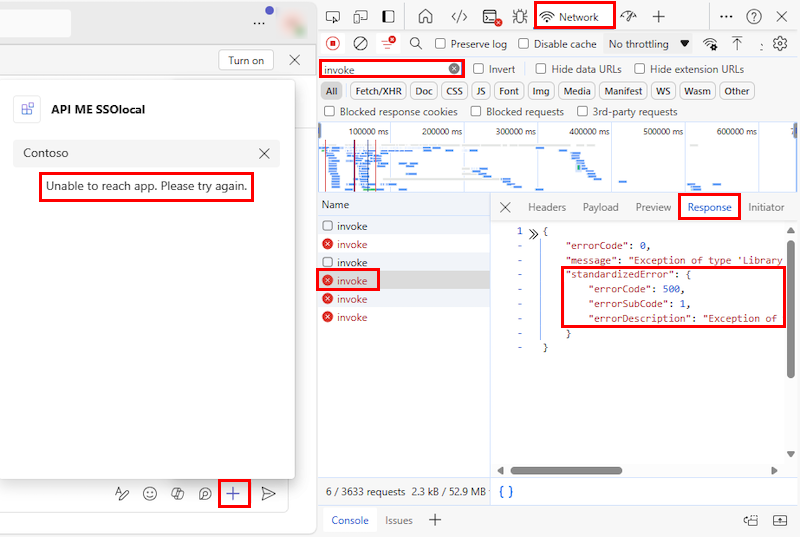 Capturas de ecrã a mostrar o separador de rede, a lista de Erros de Invocação e os detalhes do erro no separador resposta no Ferramentas de desenvolvedor enquanto executa uma extensão de mensagem no Teams e recebe um erro.