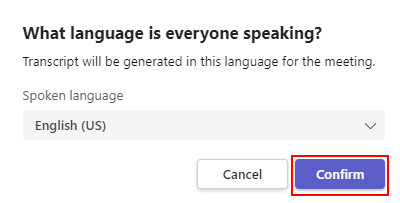 Captura de ecrã a mostrar a lista pendente para selecionar um idioma falado e um botão confirmar na reunião do Teams.