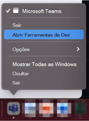 Captura de ecrã a mostrar a opção para abrir o Dev Tools a partir da dock do macOS.