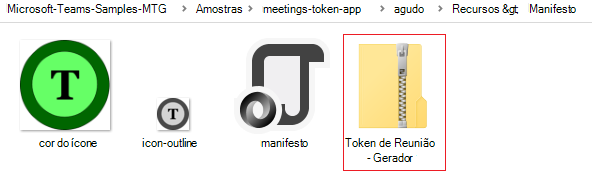 Captura de ecrã do caminho do repositório clonado e do ficheiro de .zip do gerador de tokens de reunião realçado a vermelho. 