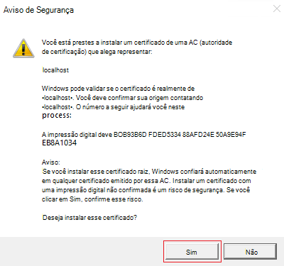 Captura de ecrã a mostrar uma janela de certificado de instalação.