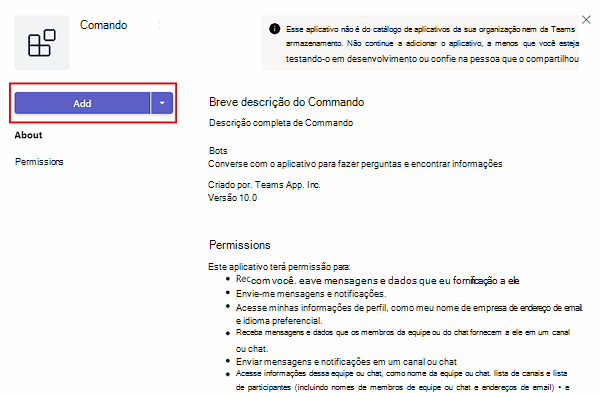 Captura de ecrã a mostrar a caixa de diálogo de detalhes da aplicação para adicionar a aplicação de bot de comandos.