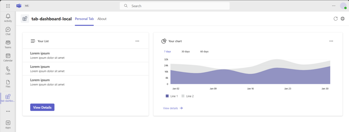 Captura de ecrã a mostrar as informações do perfil de utilizador e a atividade recente do Teams.