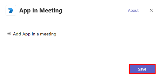 Captura de ecrã a mostrar a opção para selecionar guardar para adicionar uma aplicação numa reunião.