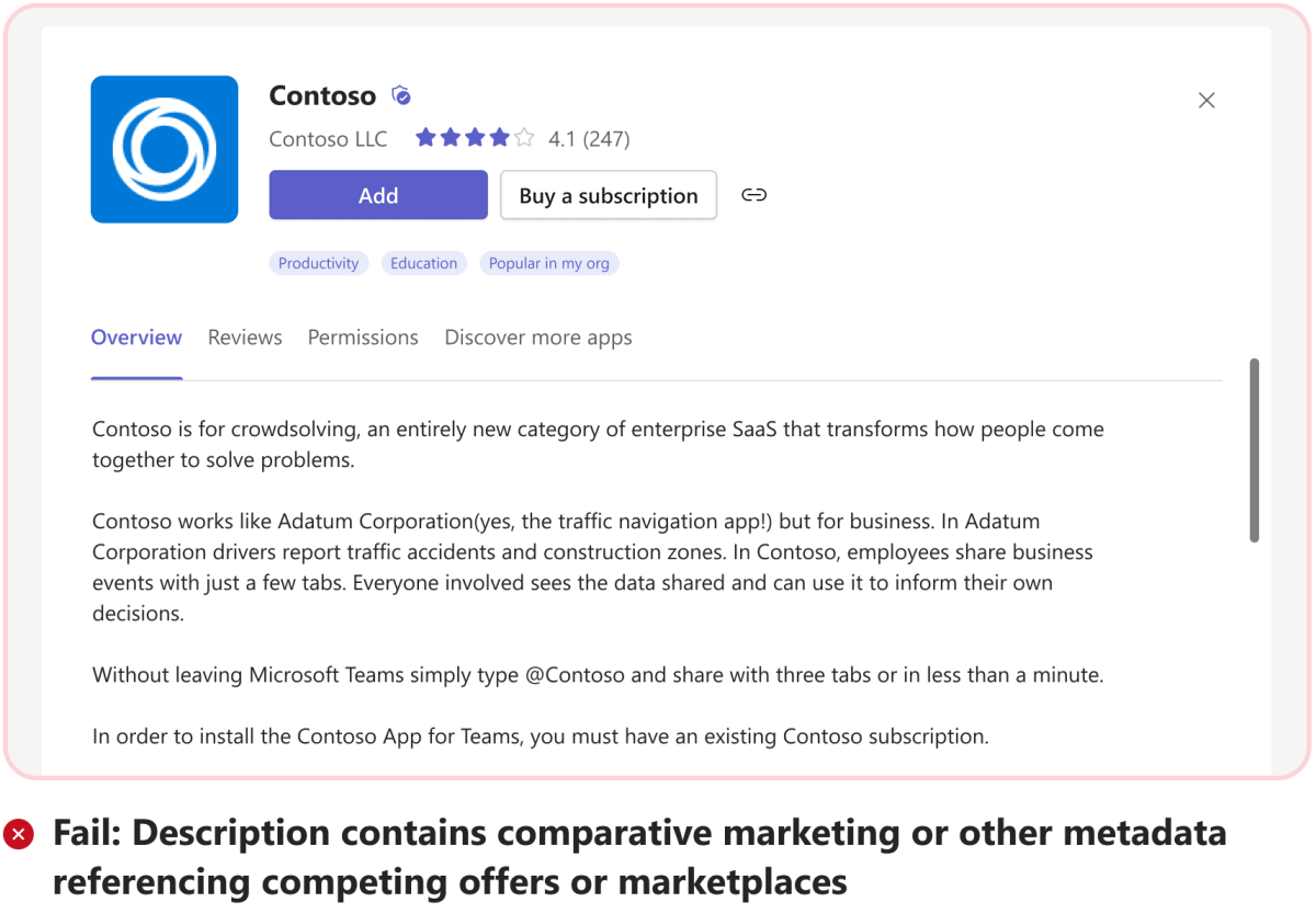 O gráfico mostra um exemplo de informações de marketing comparativa na descrição da aplicação.