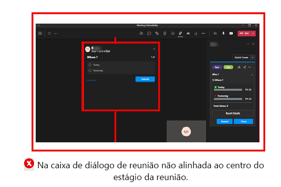 O gráfico mostra um exemplo de caixa de diálogo em reunião que não está alinhada com o centro da fase da reunião.