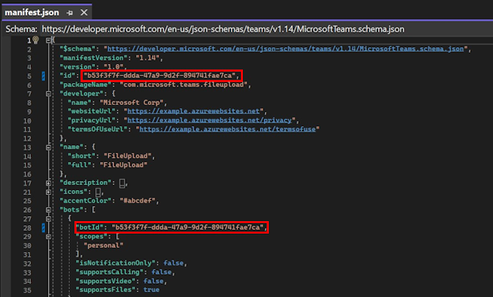 Captura de ecrã a mostrar os detalhes do ficheiro de manifesto preenchido no Visual Studio.