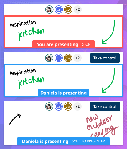 Imagem a mostrar três clientes com três vistas separadas: um apresentador, um utilizador que segue o apresentador e um utilizador com a sua própria vista privada com a opção de voltar a sincronizar com o apresentador.