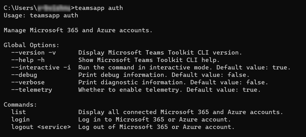 Captura de ecrã a mostrar os comandos teamsapp auth.