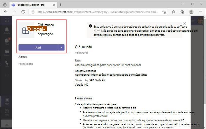 Captura de ecrã da caixa de diálogo de detalhes da aplicação para adicionar a aplicação de separador no Teams.
