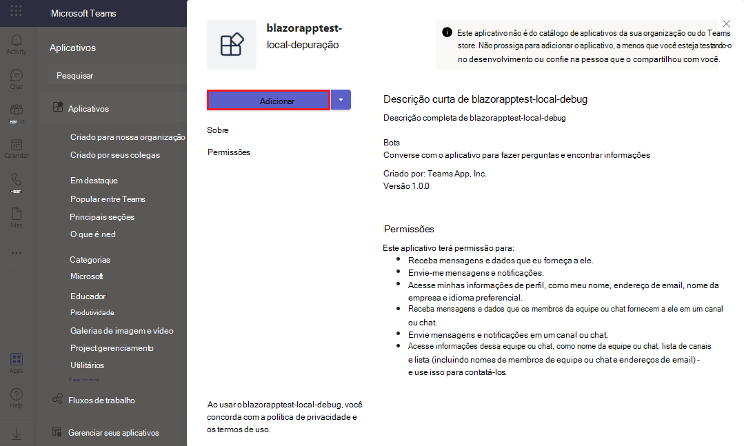 Captura de ecrã do Teams a mostrar a opção Adicionar para adicionar a aplicação Blazor. A opção Adicionar está realçada a vermelho.