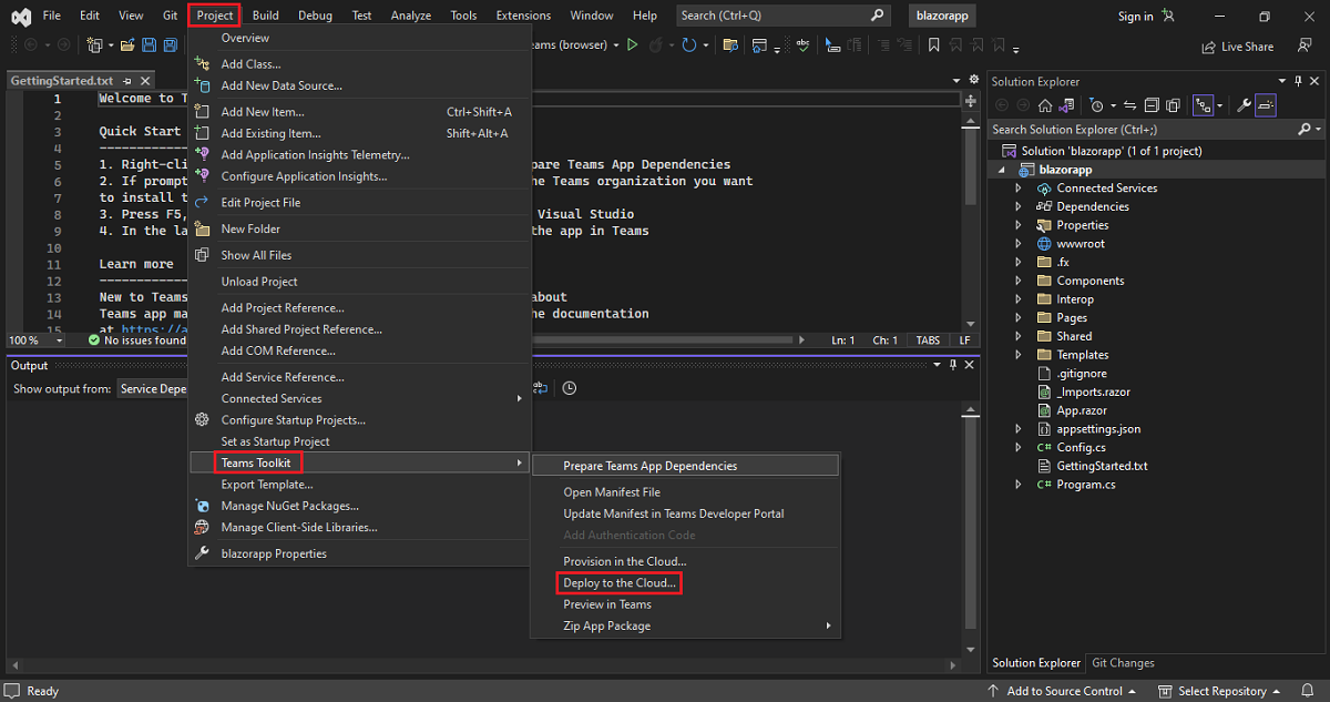 Captura de ecrã a mostrar o Visual Studio com as opções Project, Teams Toolkit e Deploy to the Cloud realçadas a vermelho.