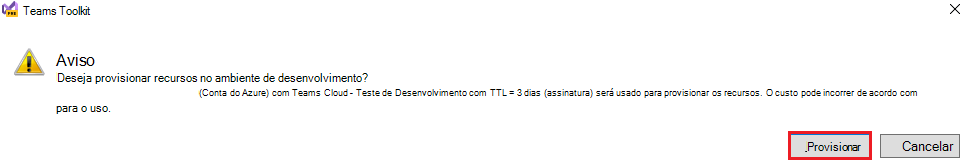 Captura de ecrã do Teams Toolkit com a aprovisionamento realçada a vermelho.