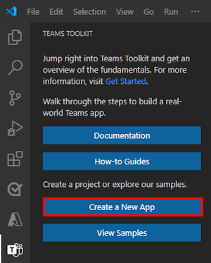 Captura de ecrã a mostrar a localização da ligação Criar Novo Projeto na barra lateral do Teams Toolkit.