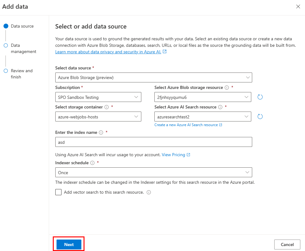 Captura de ecrã a mostrar a opção para selecionar adicionar origem de dados.