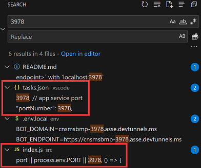 Captura de ecrã a mostrar o resultado da pesquisa para substituir a porta do bot.