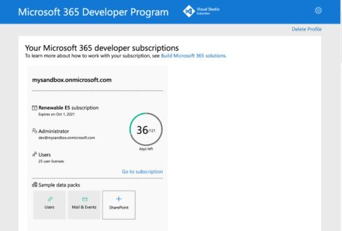 Captura de ecrã da subscrição do Programa de Programador do Microsoft 365.