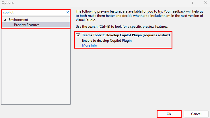 Captura de ecrã a mostrar a seleção do plug-in Copilot da funcionalidade de pré-visualização.