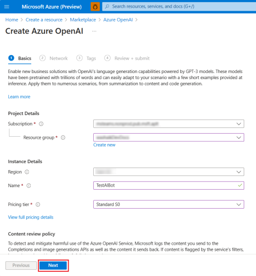 Captura de ecrã a mostrar a subscrição de IA aberta do Azure e o grupo de recursos.