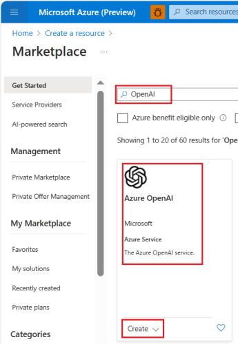 Captura de ecrã a mostrar a IA aberta do Azure no portal do Azure.