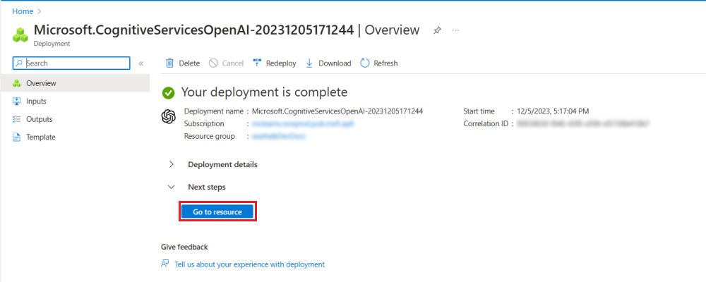 Captura de ecrã a mostrar a implementação da IA aberta do Azure.