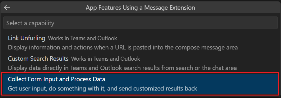 Captura de ecrã a mostrar a opção Criar uma nova paleta de comandos do VS Code da aplicação Teams para listar a opção de exemplo de extensão de mensagem baseada em ação do Teams.