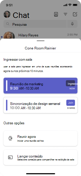 Ações na aplicação teams para dispositivos móveis que um utilizador pode efetuar após analisar o código QR num dispositivo de Sala teams.