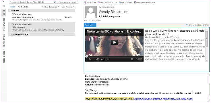 Aplicativo de email do YouTube no Outlook