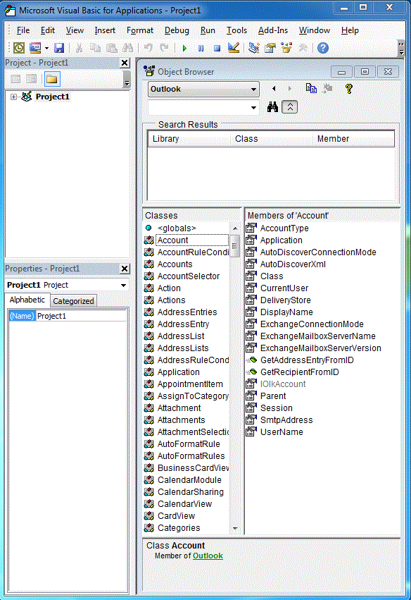 Pesquisador de objetos mostrando objetos na biblioteca de tipos do Outlook baseada em COM