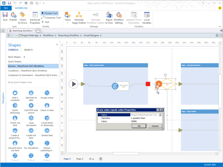 Usando a exibição de design do Visio do fluxo de trabalho