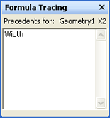 Todas as células das quais a célula Geometry1.X2 depende aparecem na janela Rastreamento de Fórmula