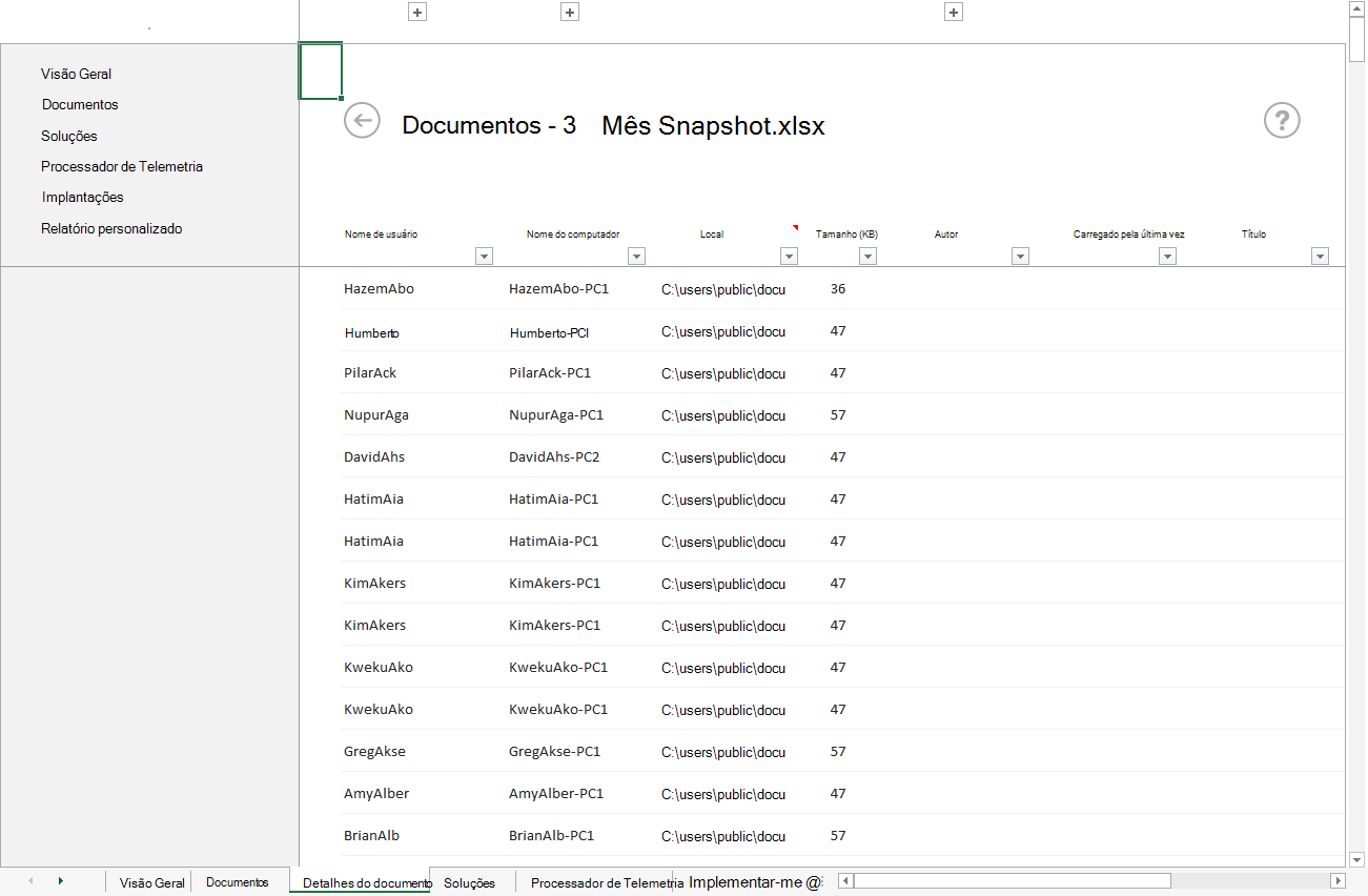 Uma captura de ecrã dos detalhes do documento para três meses Snapshot.xlsx incluindo informações do utilizador e do computador.