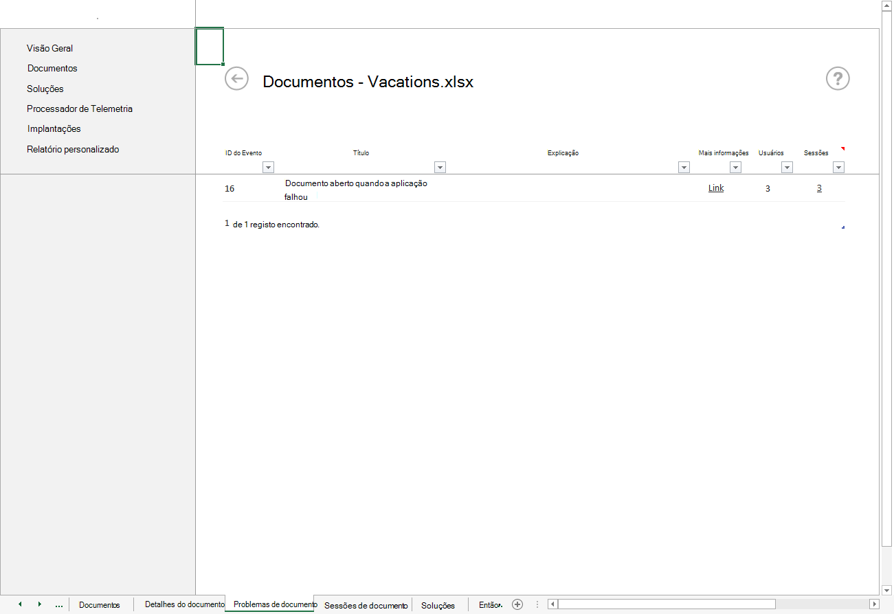 Uma captura de ecrã de problemas de documentos para Vacations.xlsx a mostrar falhas de aplicação.