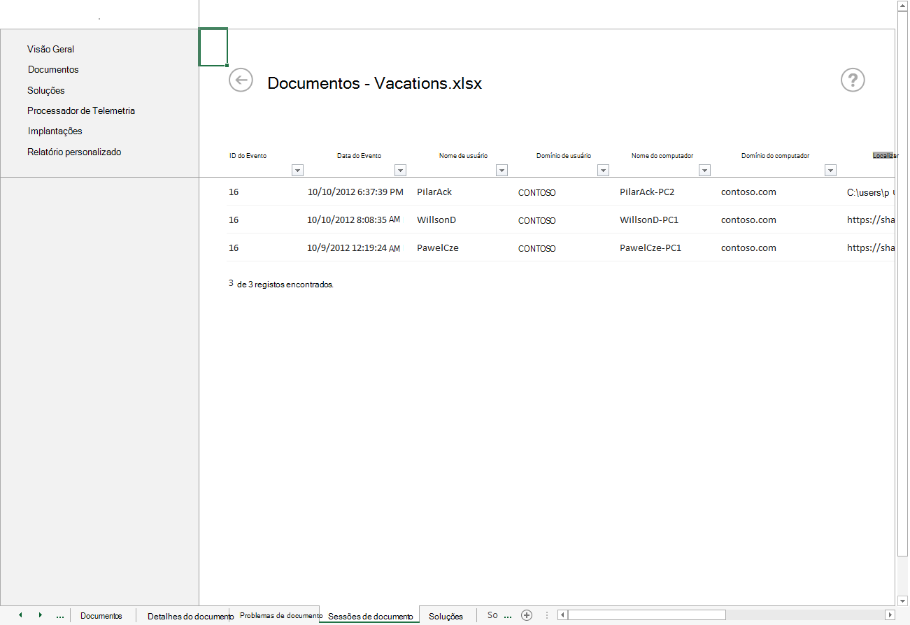 Uma captura de ecrã de sessões de documentos para Vacations.xlsx com detalhes do evento e informações do utilizador.