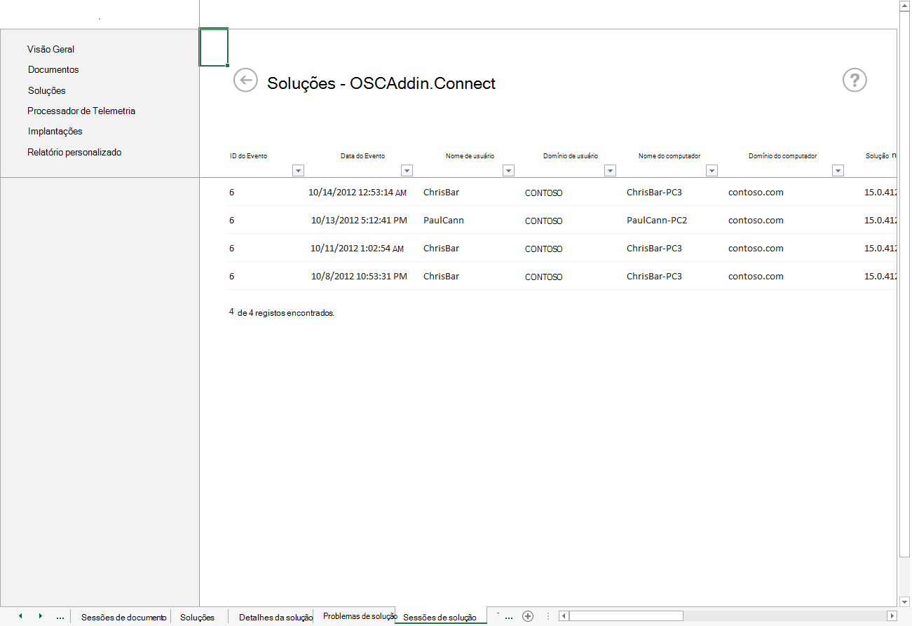 Captura de ecrã das sessões de solução para OSCAddin.Connect com detalhes do evento e informações do utilizador.