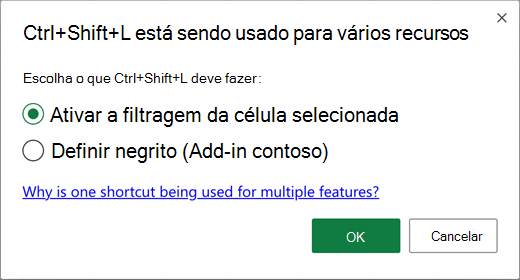 Um modal de conflito com duas ações diferentes para um único atalho.