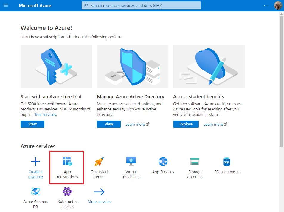 A home page do portal do Azure.