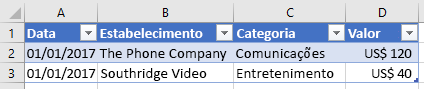 Nova tabela a partir de dados JSON importados no Excel.