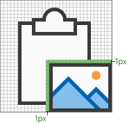 Ícone de 32 px com um intervalo de 1px entre o modificador e a base subjacente.