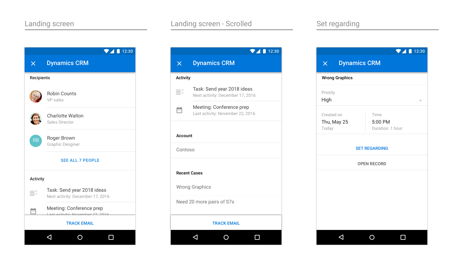 Design de ponta a ponta para o suplemento Dynamics CRM no Android.