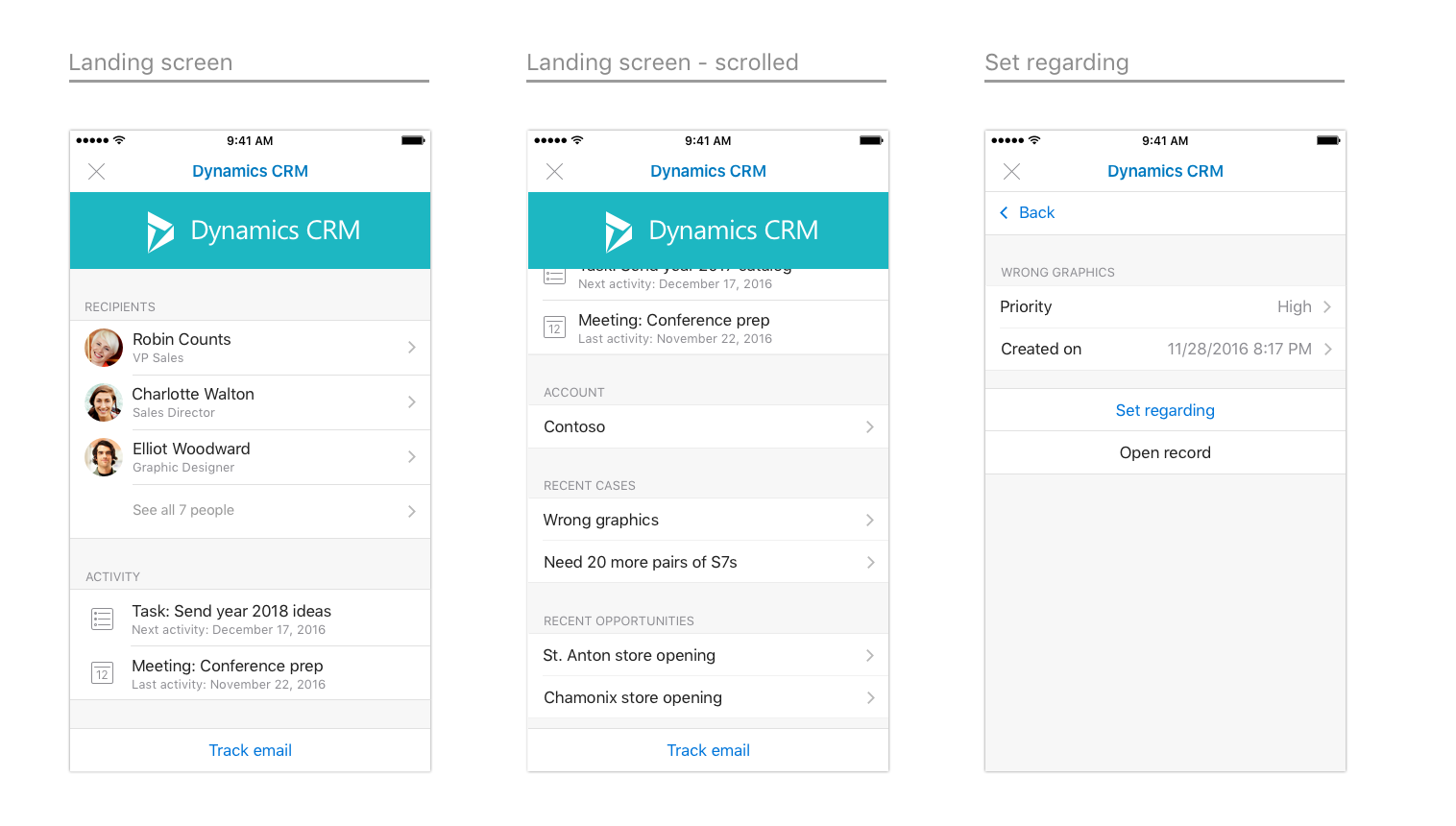 Design de ponta a ponta para o suplemento Dynamics CRM no iOS.