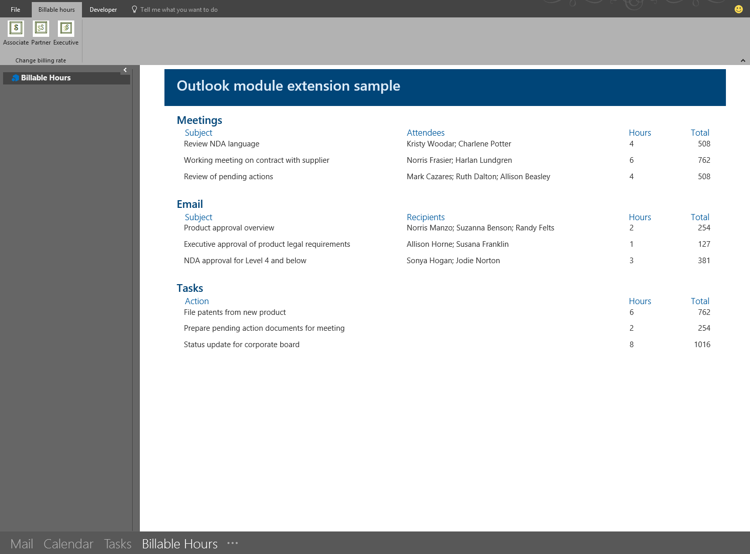 A interface de utilizador de uma extensão de módulo de exemplo.