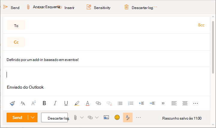 Uma janela de mensagem no Outlook na Web com o assunto definido em composição.