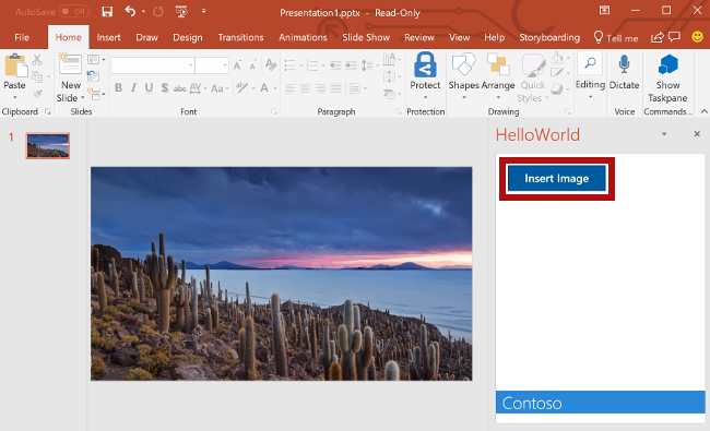 O suplemento do PowerPoint com o botão Inserir Imagem realçado.