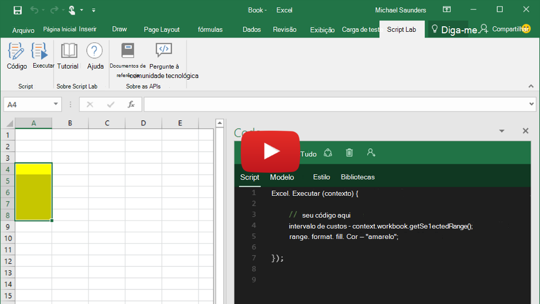 Breve vídeo que mostra Script Lab em execução no Excel, Word e PowerPoint.