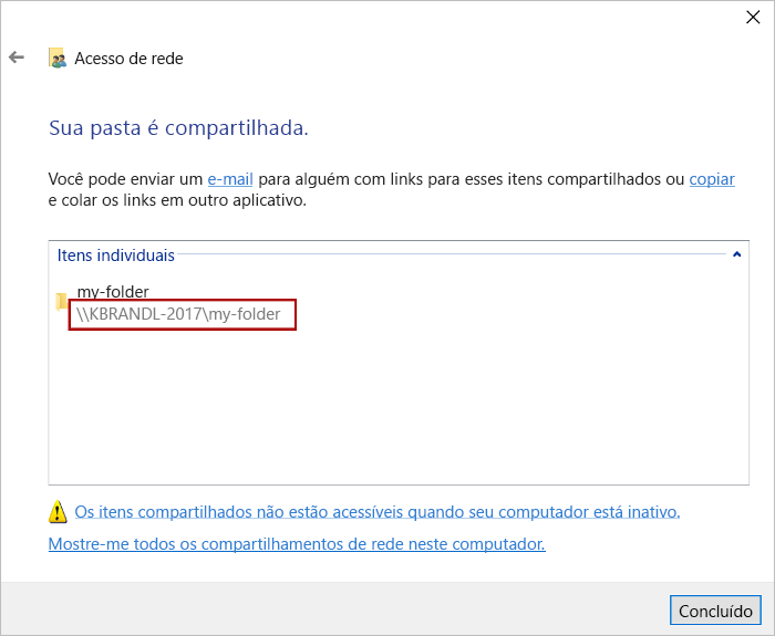 Caixa de diálogo Acesso à rede com o caminho de partilha realçado.