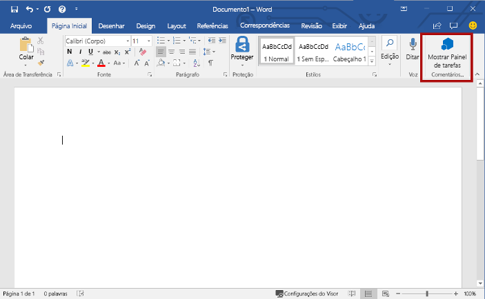 A aplicação Word com o botão Mostrar Painel de Tarefas realçado.