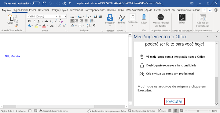 O Word aplicação com o suplemento do painel de tarefas carregado.