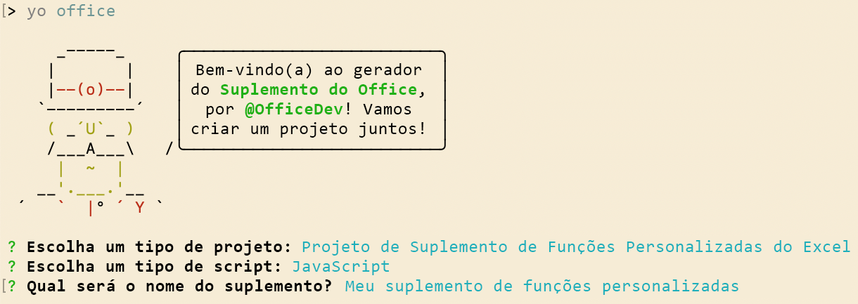 A interface de linha de comandos do Gerador de suplementos yeoman do Office pede projetos de funções personalizadas.