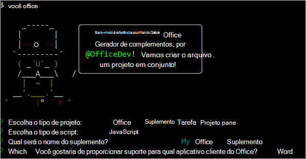 Os pedidos e respostas anteriores fornecidos ao gerador Yeoman numa interface de linha de comandos.